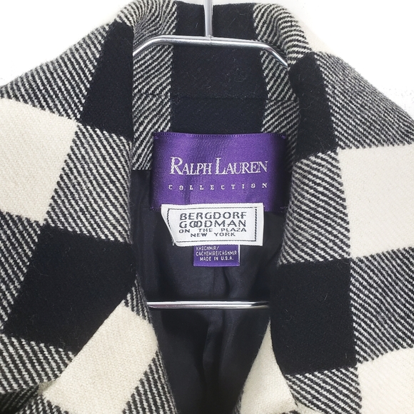 RALPH LAUREN Purple Label Cashmere Wool Cream & Black Buffalo Plaid Coat Size:14 - Picture 4 of 6